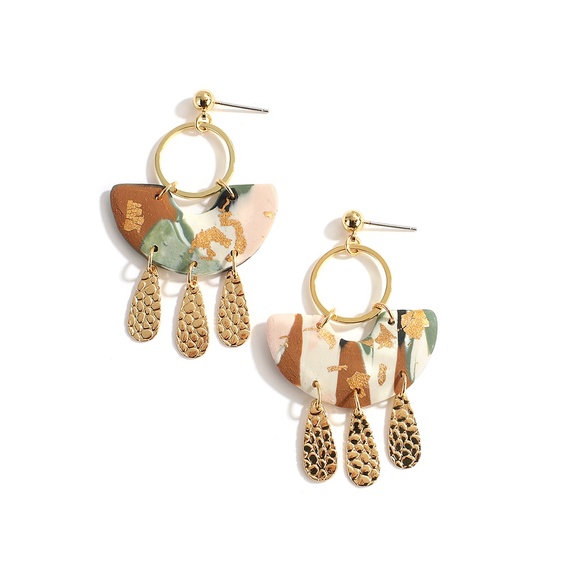 Polymer Clay Gold Flecked Metal Tassel Boho Gold Earrings - Picture 6 of 6